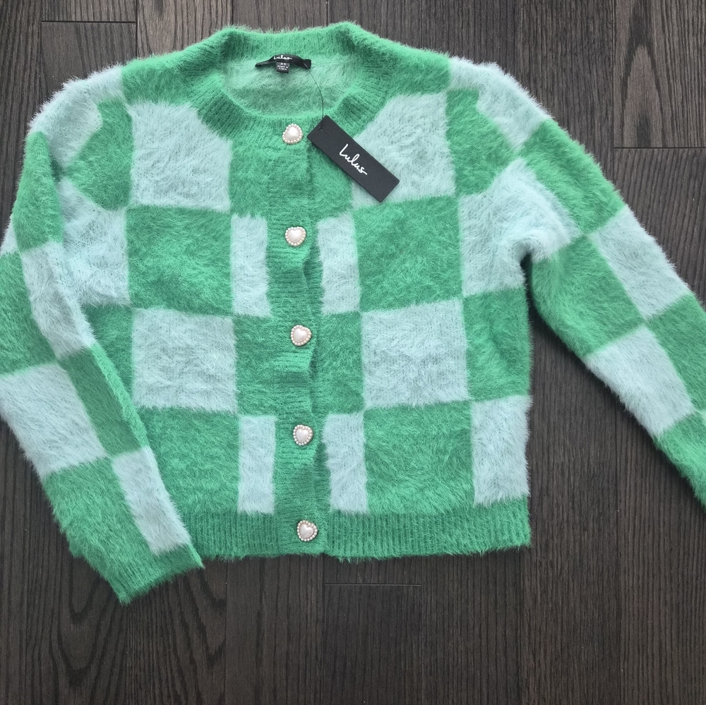 Lulus Green and White Checkered Cardigan NWT